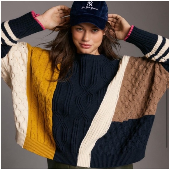 Maeve Sweaters - Maeve Anthropologie Colorblock Cable Knit Sweater XS Cozy Preppy